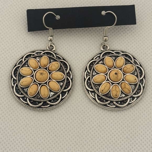 Paparazzi Jewelry - Paparazzi Mesa Oasis Earrings – Yellow Crackle Stone & Silver Medallion – EUC